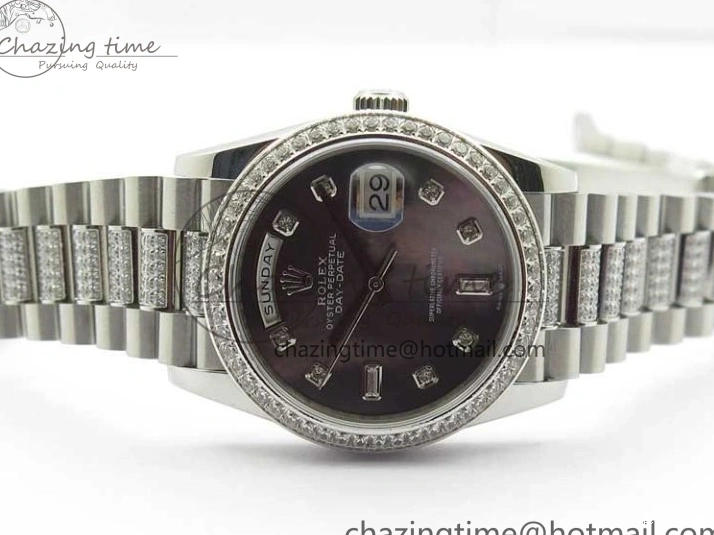 0517 SmoothTexture Day-Date 36mm 128239 SS Crystal BP Best Edition Black MOP Crystal Marker Dial on SS President Bracelet A 2681
